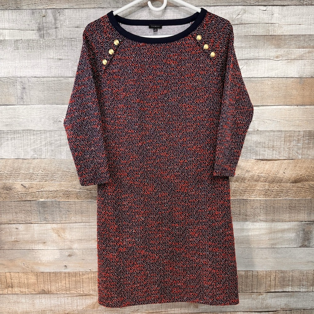 Talbots Womens Red Black White Navy Hearts Knit Shift Dress Gold Button XS
